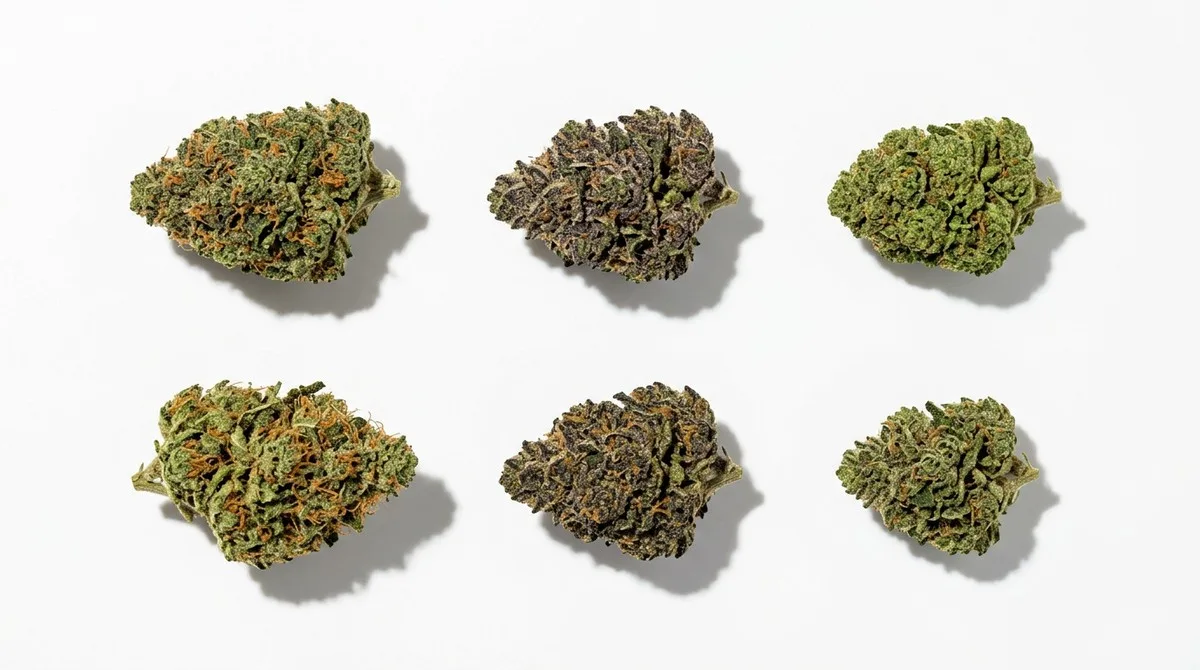Sechs Cannabisblüten katalogisiert