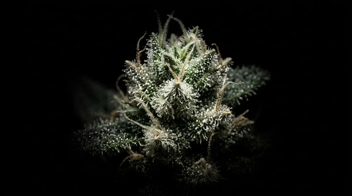Cannabisblüte mit funkelnden Trichomen auf Schwarz